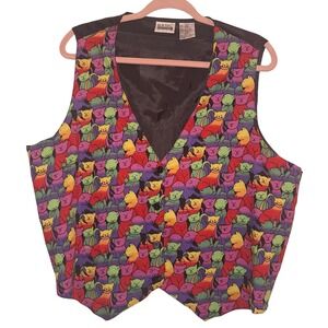 Basic Editions Plus Size 22W‎ Women's Vest Novelty Cat Print Button Front Lined